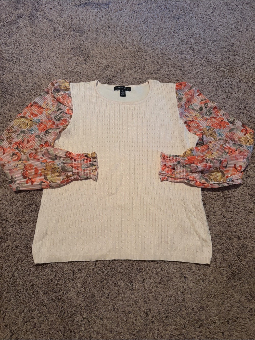 a Love Story Charming Floral Sleeve Sweater Top Cream & Multicolor Sleeves L